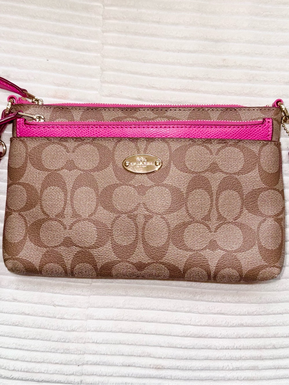 Coach Signature Canvas Wristlet in Brown with Pink Trim, 2 WALLETS IN ONE :)